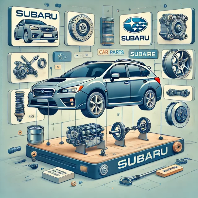 DALL·E 2025-01-24 18.07.39 - An automotive mechanic shop or online store interface with various Subaru car parts displayed. The image includes Subaru car parts such as engine comp