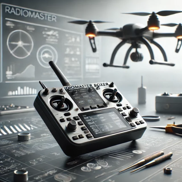 DALL·E 2025-01-28 16.13.30 - An image showcasing the RadioMaster Boxer FPV controller for professional drone pilots. The scene features the controller placed on a clean, tech-focu