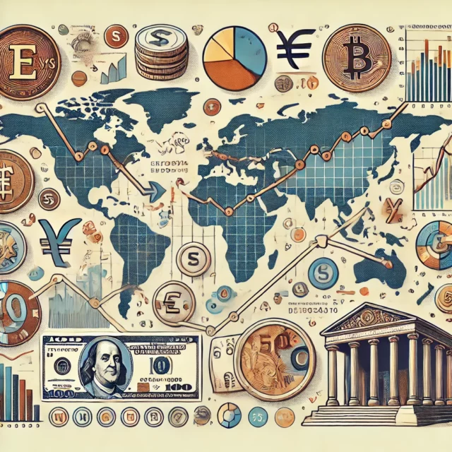 DALL·E 2025-02-21 09.36.45 - An illustrative image depicting currency exchange factors. The image includes a world map with fluctuating graphs, coins, banknotes, and financial cha
