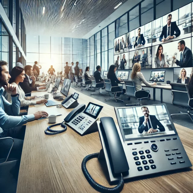 DALL·E 2025-02-26 12.50.32 - A modern office with employees using VoIP phones and computers to communicate with clients. The scene should include people engaged in video calls, vo