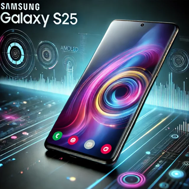 DALL·E 2025-02-28 01.10.15 - A modern Samsung Galaxy S25 smartphone displayed in a sleek and futuristic style. The phone screen shows a vibrant and dynamic interface, emphasizing